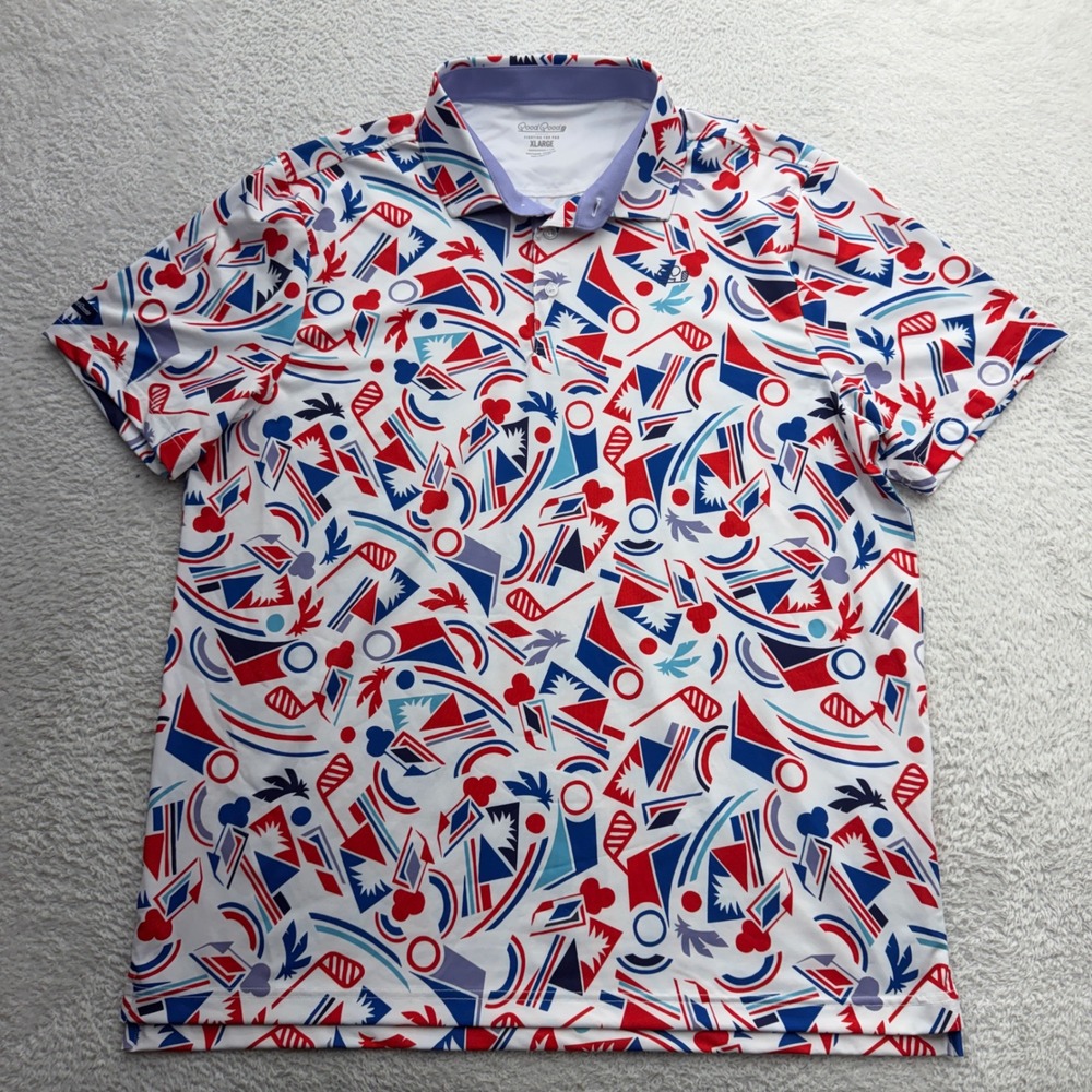 Good Good‎ Golf Fighting For Par Mens XL Red White Blue Geometric Polo Shirt